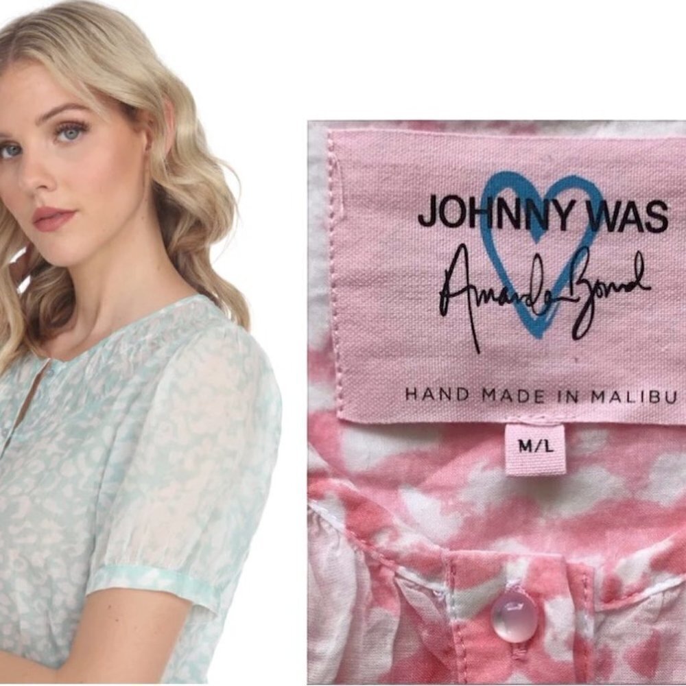 JOHNNY WAS Pink/White Print Short Sleeve Peasant TOP boho chic M/L